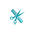 Scissors and comb icon representing dynamic in-store energy.