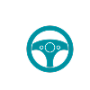 Steering wheel icon representing calm showroom atmosphere through music.
