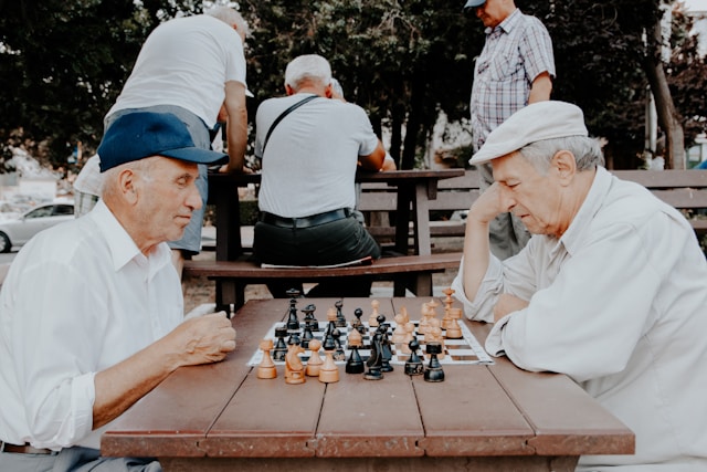 two elderly gentlemen playing chess on a bench